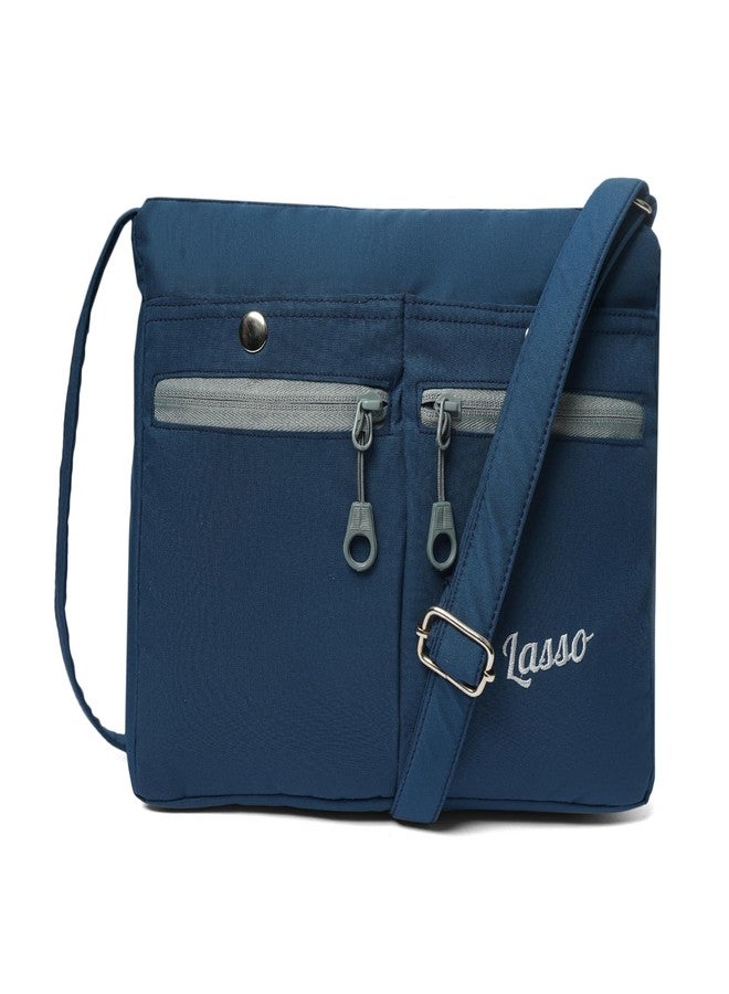 لاسو حقيبة كتف نسائية من لاسو® بحزام قابل للتعديل، أحدث حقيبة كتف أنيقة من البوليستر مناسبة للعمل، والاستخدام اليومي، والسفر، والجامعة | سعة 7 لترات وجيبان أماميان مزدوجان - أزرق ورمادي - Image 1